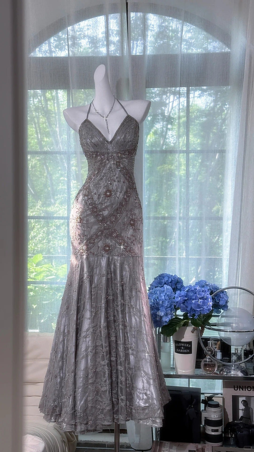 -Silver-gray exquisite beaded long vintage lace fishtail prom dress