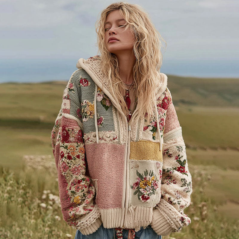 Women's Vintage Floral Patchwork Cozy Zipper Knit Sweater Hooded