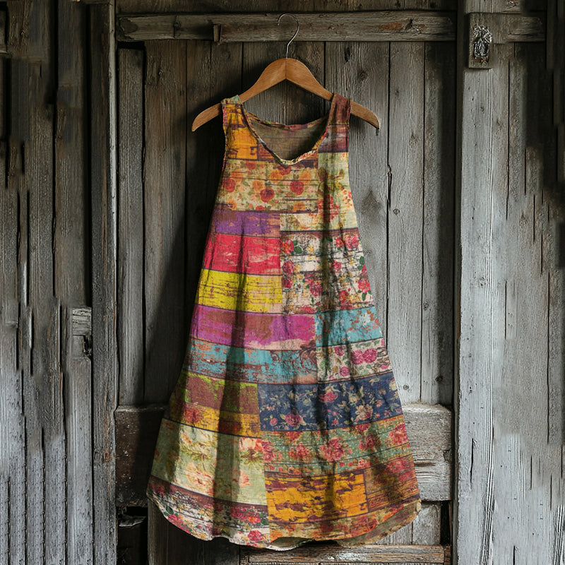 Vintage Floral Patchwork Art Linen Blend Tank Midi Dress ed84