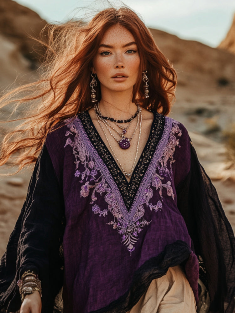Boho Lavender Floral Embroidery Print Cotton And Linen Blend Loose Blouse