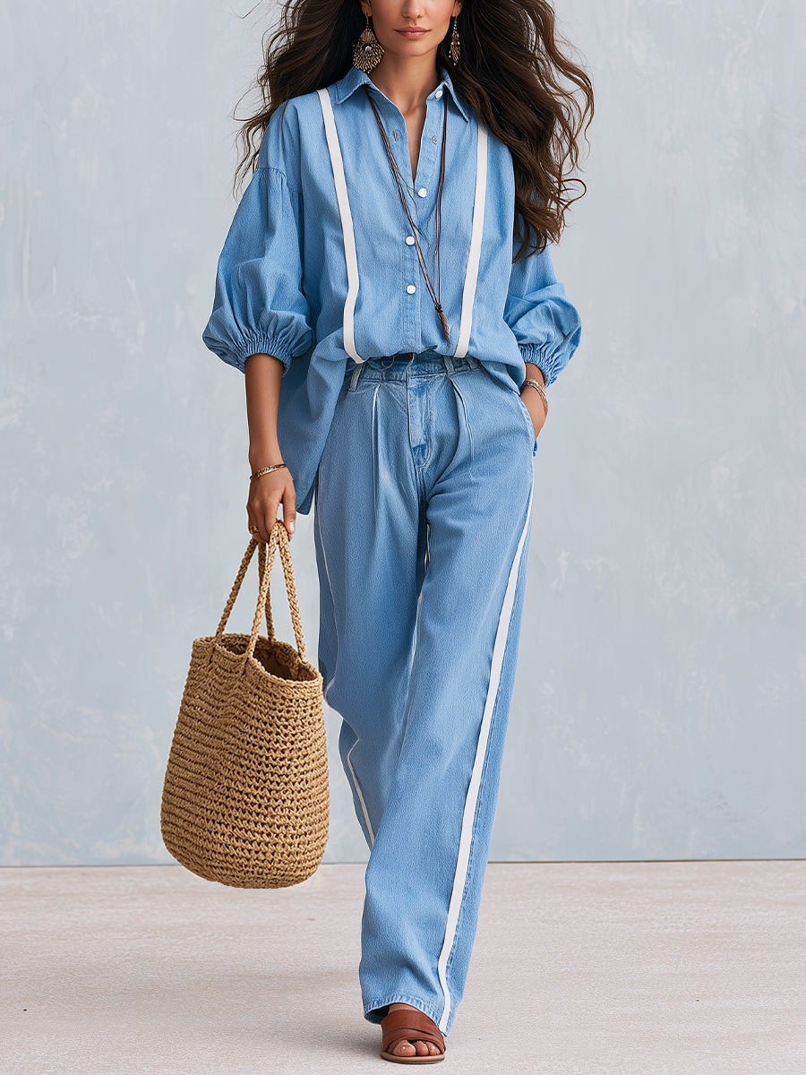 Casual Blue Stripe Button Front Shirt Denim Co-ord Set
