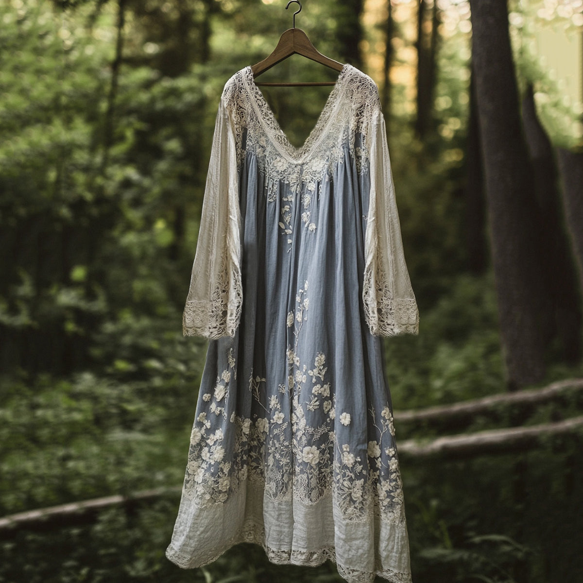 Vintage Floral Embroidered Pattern Linen Contrast Color Maxi Dress
