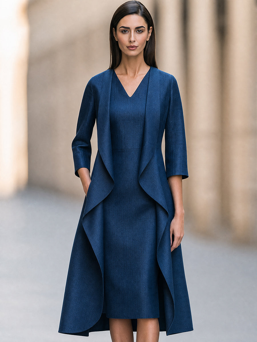 Two-Piece Set: Waterfall-Style Layered Cardigan-Effect Dress With Slim-Fit V-Neck Midi Dress
