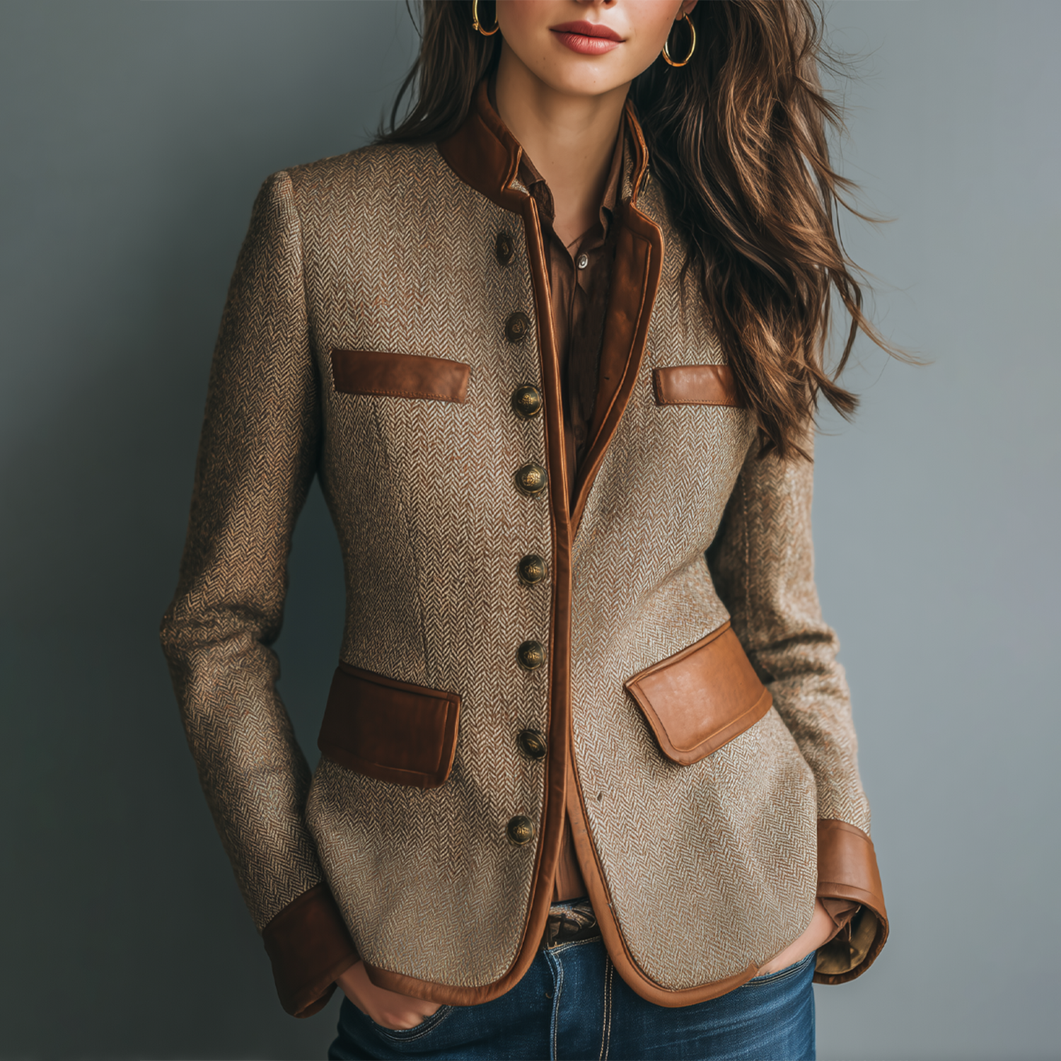 Equestrian Heritage Herringbone Tweed Blazer | Contrast Leather Trim ✨