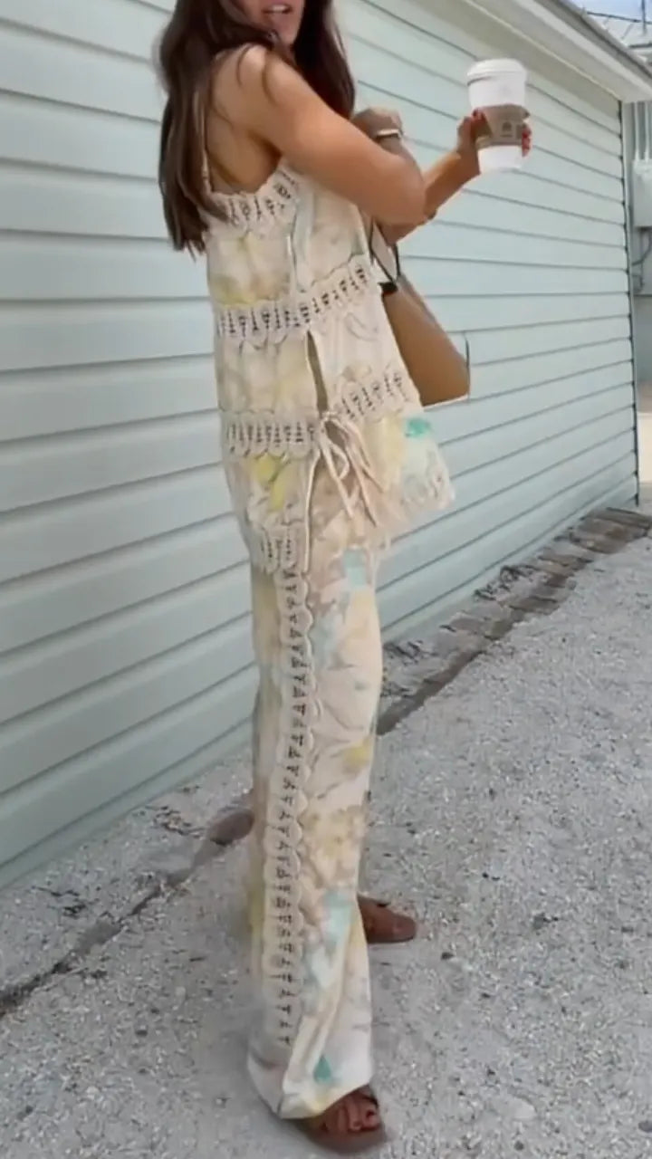 Women's Watercolor Floral Lace Patchwork Cami Top & Wide Leg Pants Set