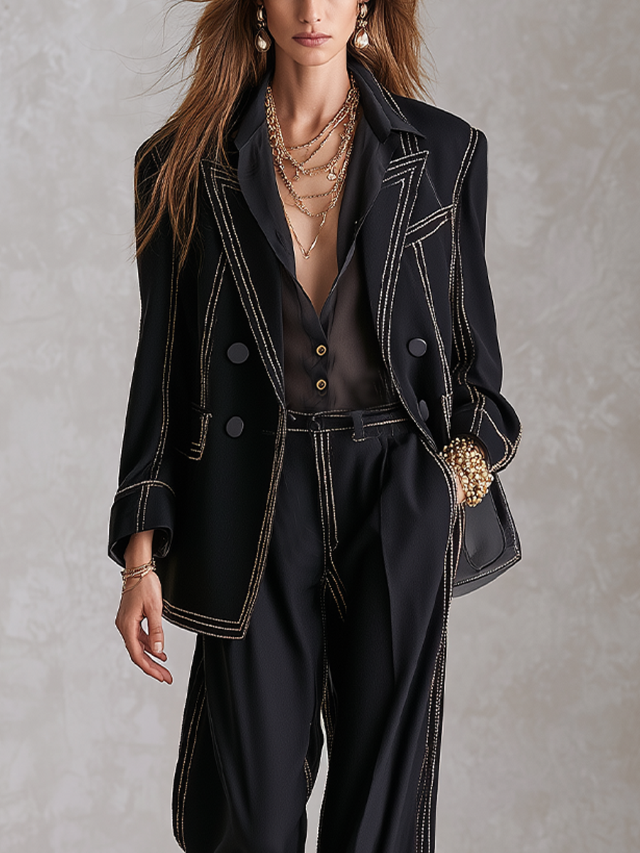 Sophisticated Black Gold Stitch Double Breasted Suit Set