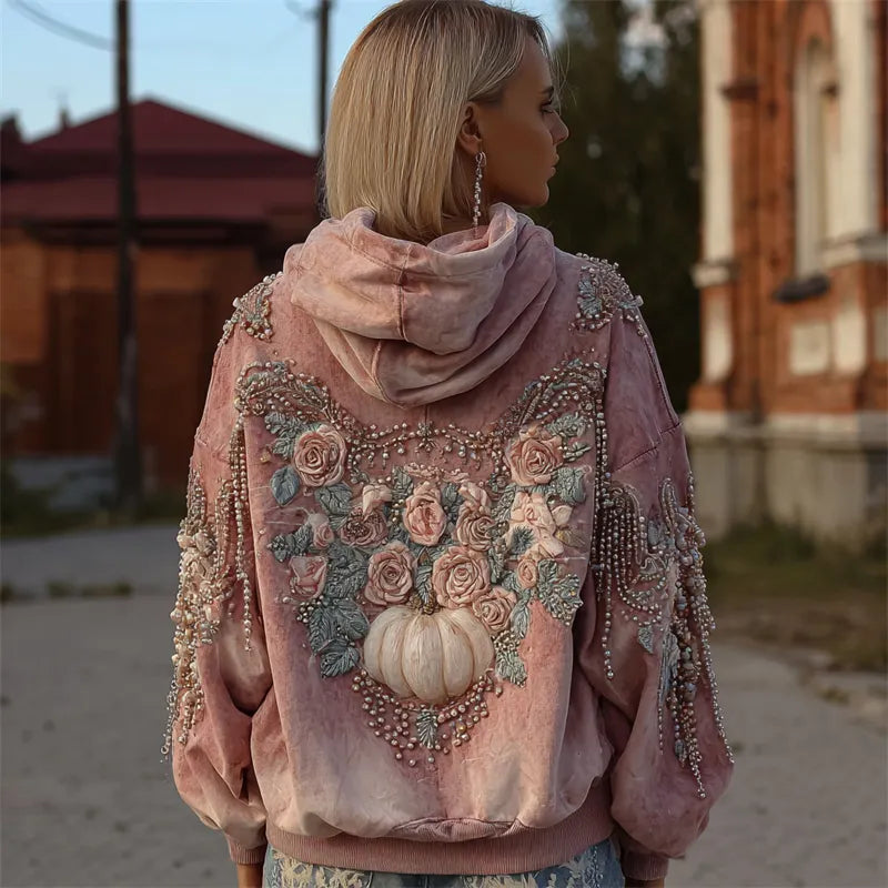 Vintage Thanksgiving Pink Pumpkin Floral Beaded Comfy Hoodie