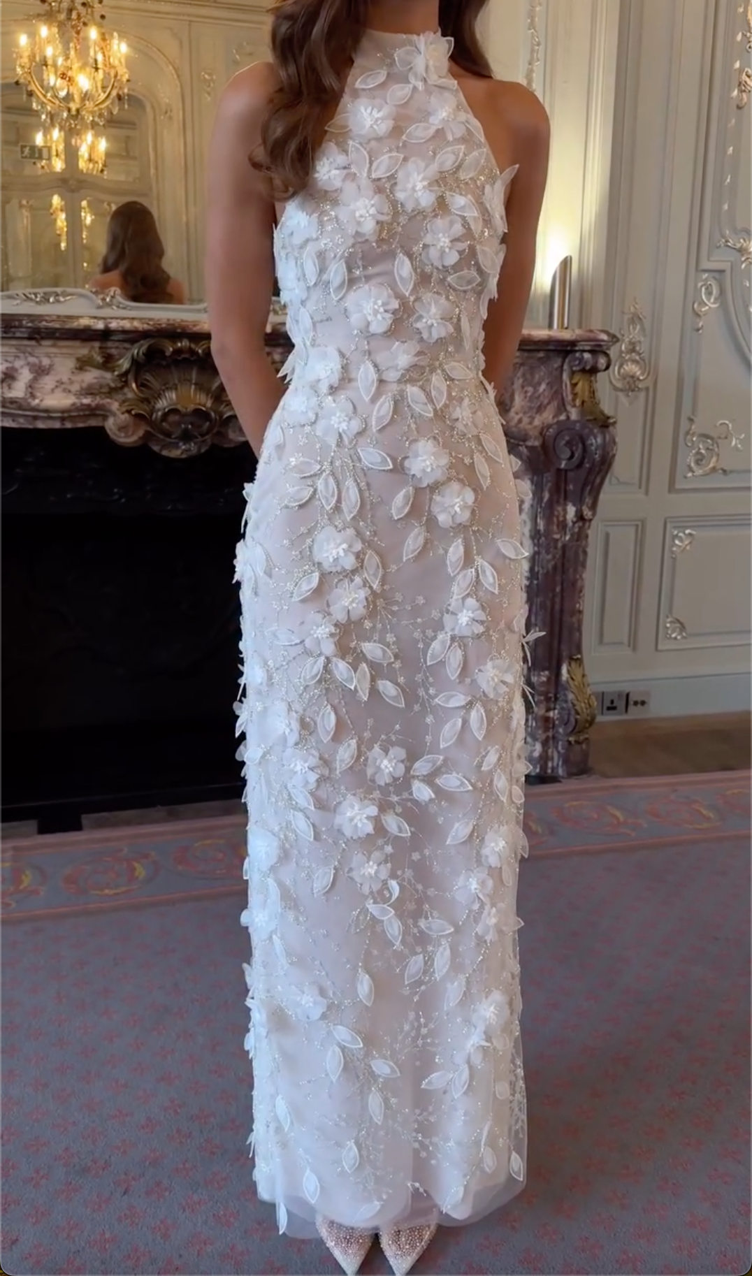 White Halter Neck Maxi Dress with 3D Floral Appliqués & Beading