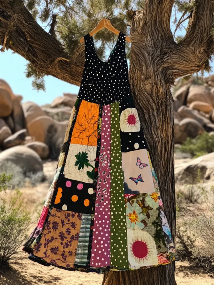 Women's Vintage Floral And Butterfly With Polka Dot Art Tank Dress e543