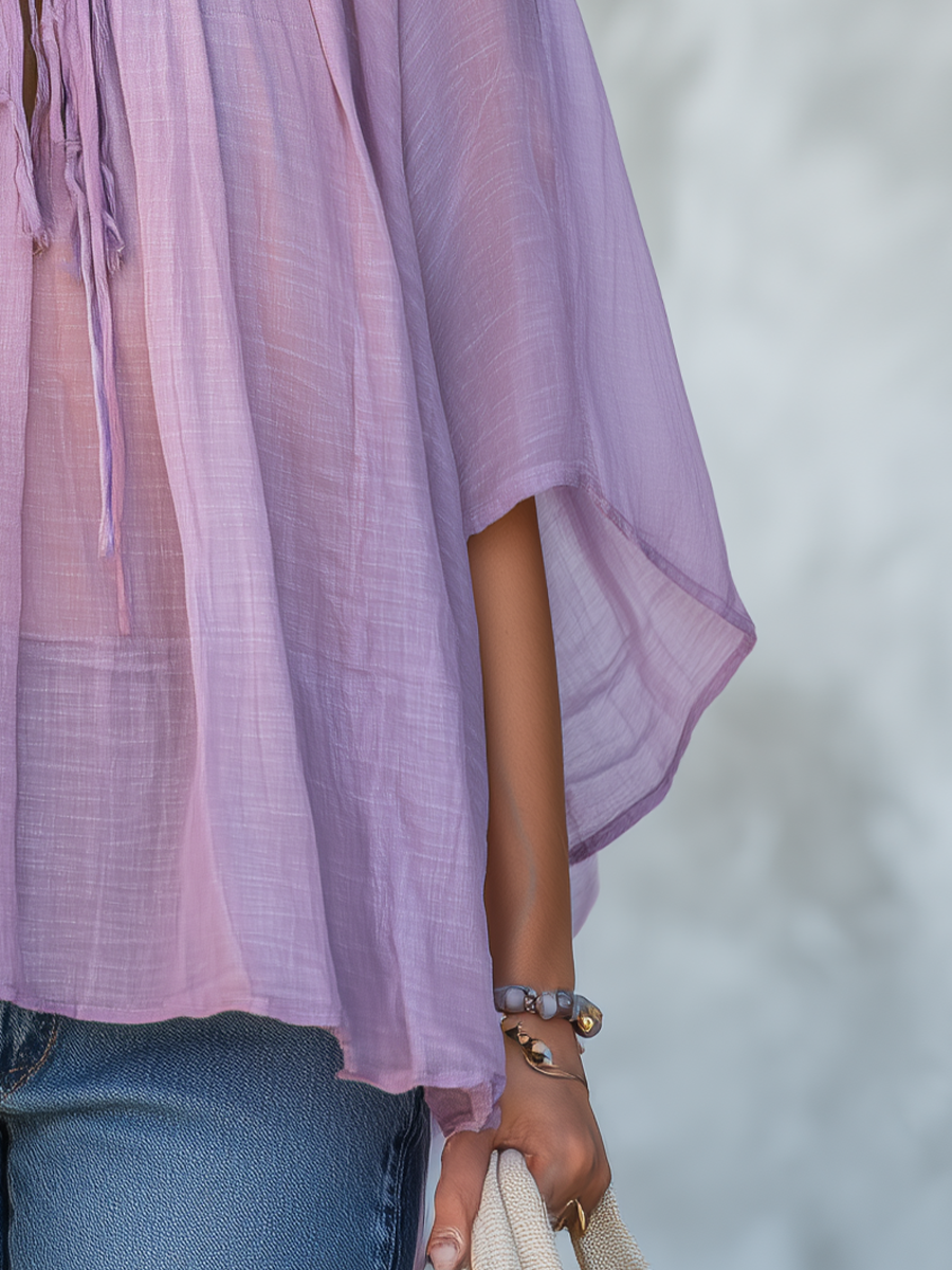 Graceful Lavender Tie Neck Oversized Blouse
