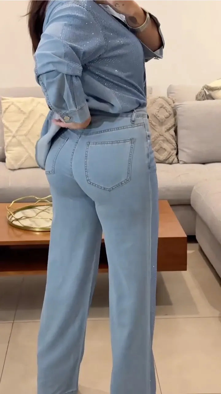 Light Blue Rhinestone Embellished Denim Shirt Wide Leg Pants Set