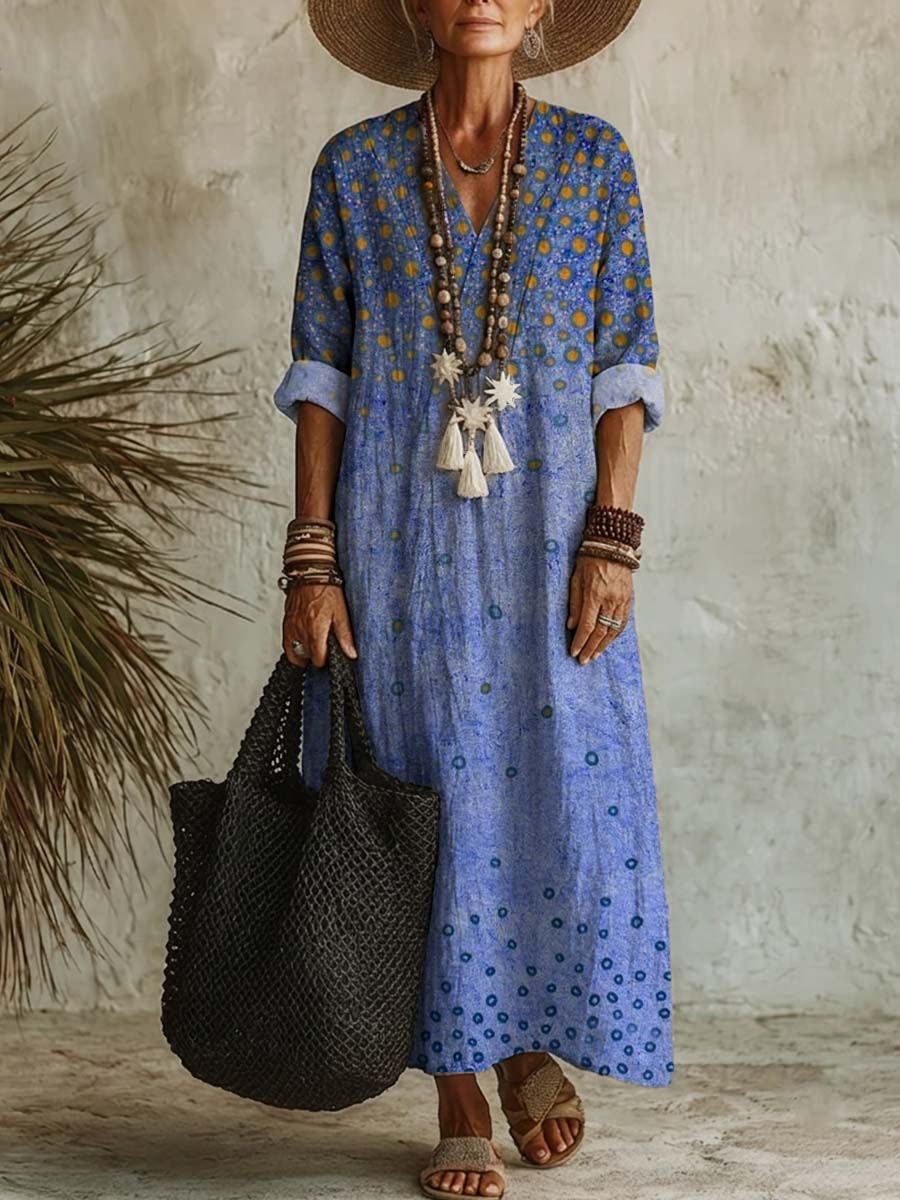 Women's Vintage Print Casual Cotton-linen Maxi Dress
