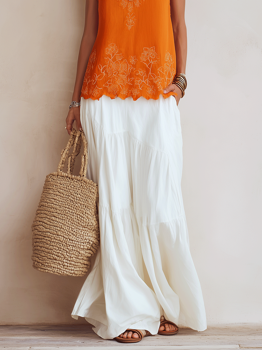 Bohemian Lace Trim Resort Orange Embroidered Top & White Flow Skirt Set