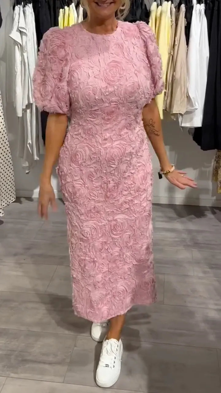 Pink 3D Floral Puff‑Sleeve Midi Dress
