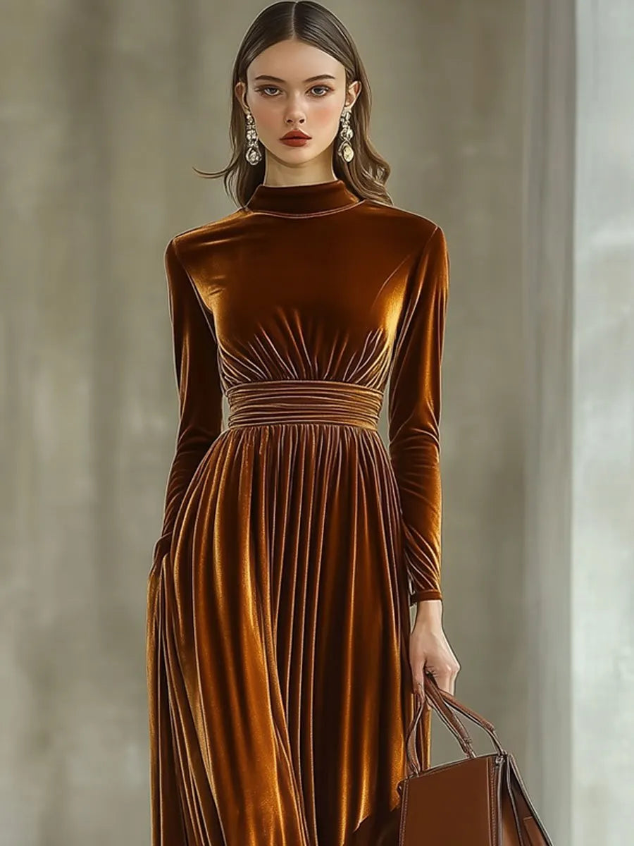 [24-hour shipping out]Solid Color Simple Party Long Sleeve Half Turtleneck Maxi Dress
