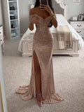 Shiny Sequinned short sleeves One-Shoulder split-side elegant Wrap Maxi Dresses
