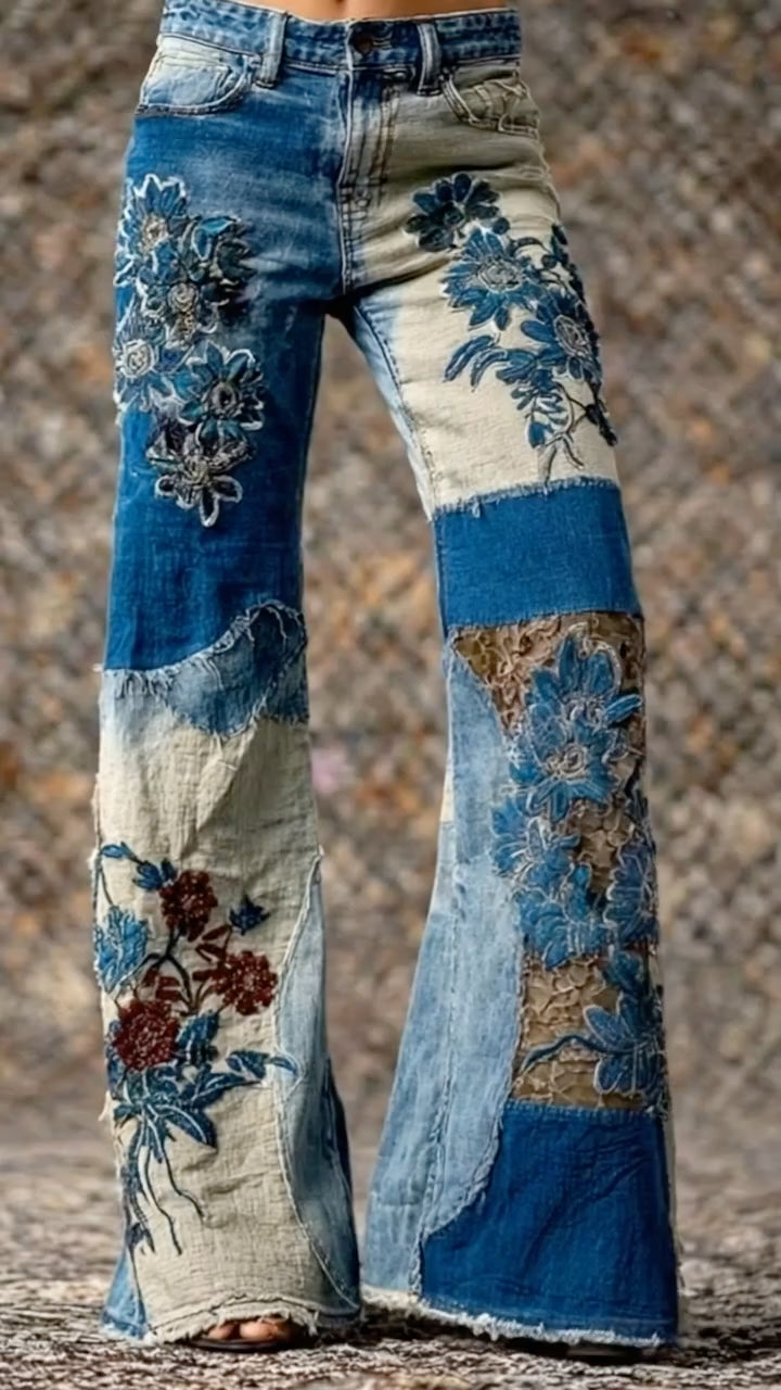 Vintage Patchwork Floral Embroidery Flare Jeans