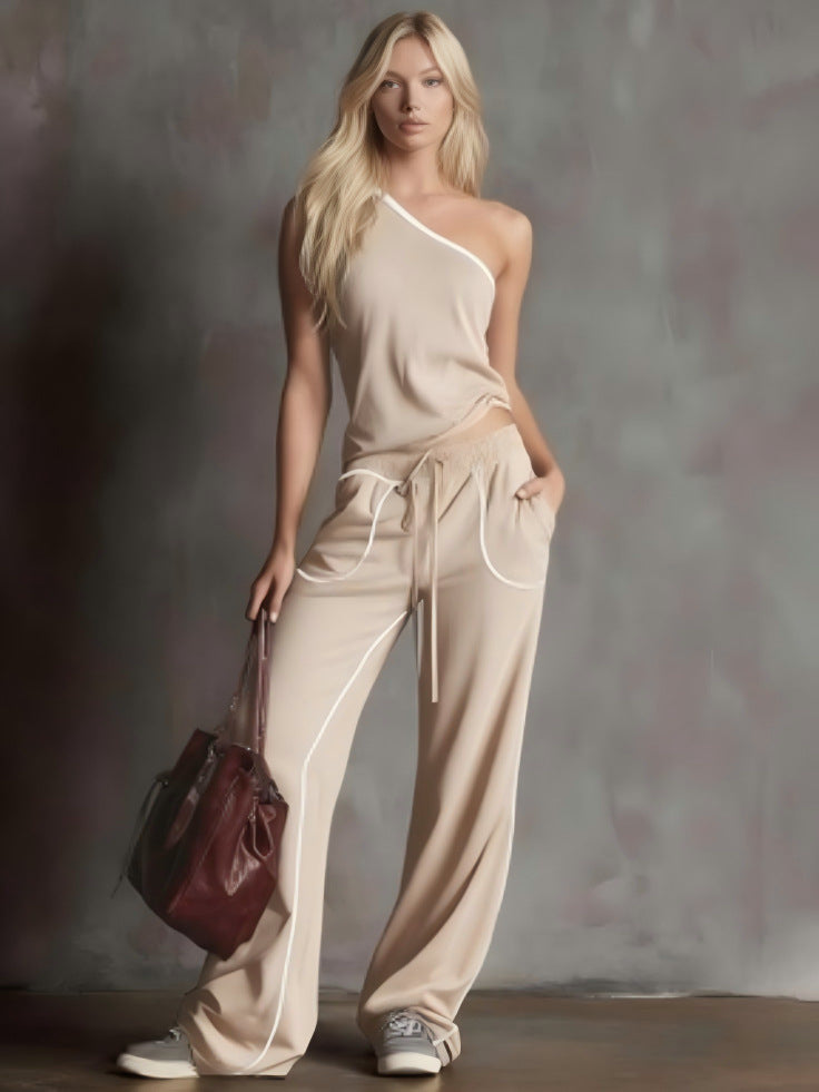 Women's Chic One-Shoulder Lounge Set - Contrast Piping Wide-Leg Pants & Asymmetric Top 2-Piece Outfit