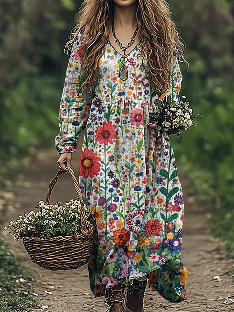 Women's Vintage Flowers Embroidered Linen Blend Maxi Dress