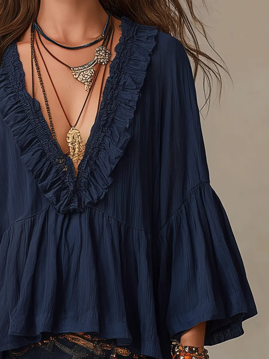 Effortless Deep Blue Ruffle Boho Blouse