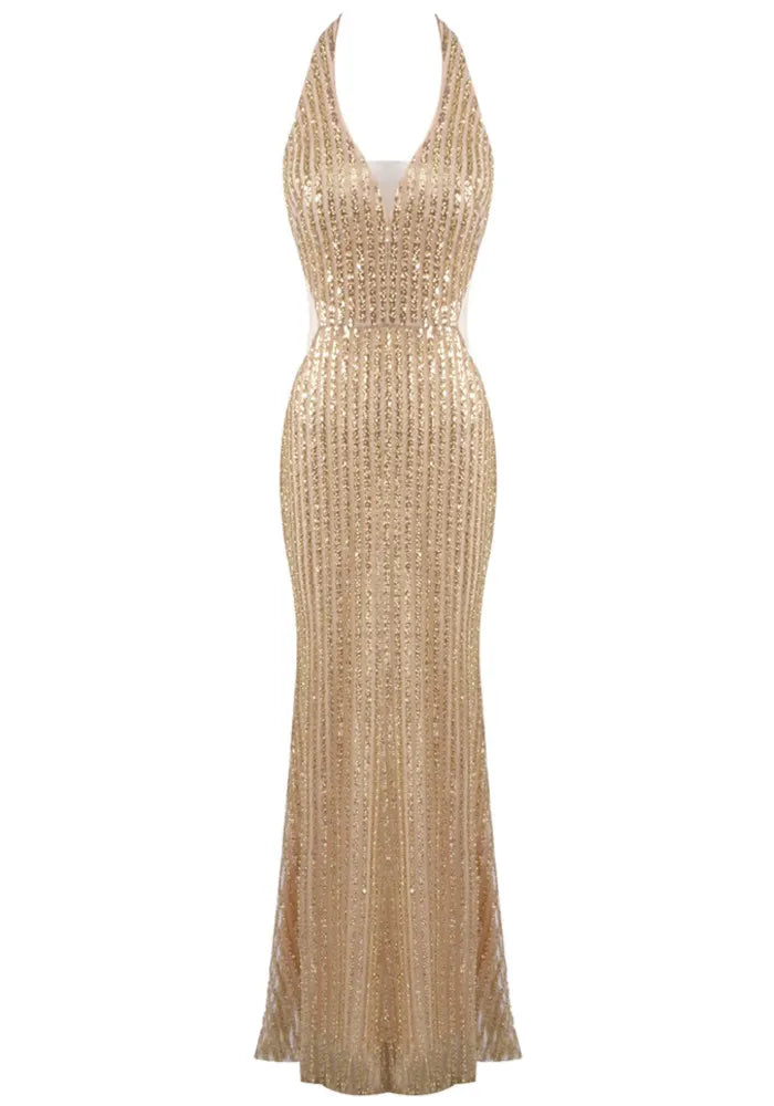 Halter Sequin Maxi Dress Gold