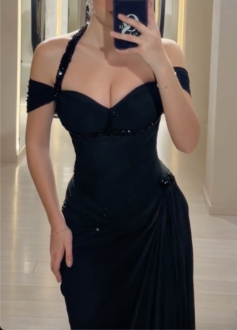 Black Halter Neck Beaded Maxi Dress with High Slit