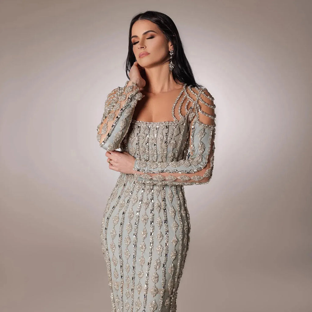 Dreamy Vow Luxury Arabic Sage Green Dubai Evening Dresses Mermaid Muslim Long Sleeves Islamic Women Wedding Party Gowns 398