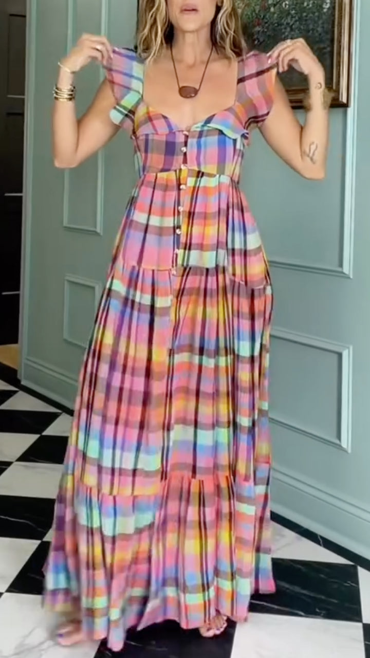 Colorful Plaid Ruffle Flutter Sleeve Square Neck Tiered Maxi Dress