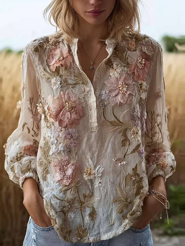 Bohemian Style 3d Plant Flower Pattern Cotton Linen Shirt