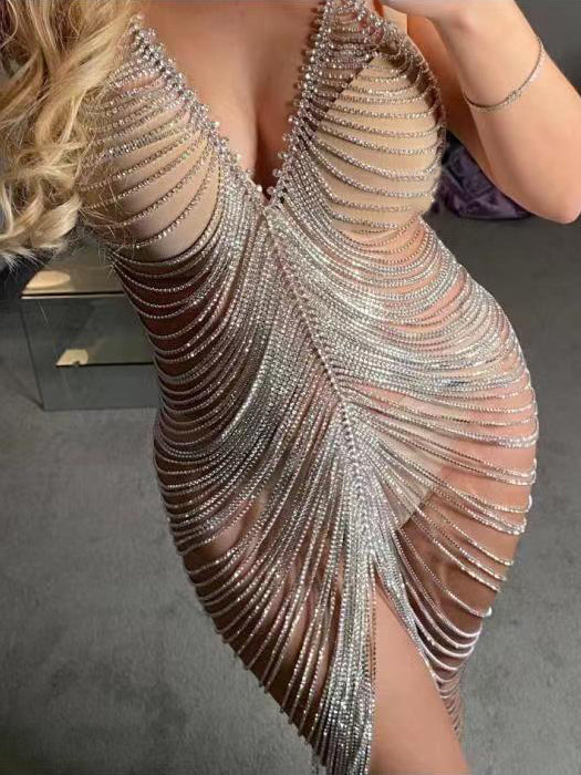 Neosepa-Gorgeous Layered Chain Slinky Shimmering Mini Slip Dress