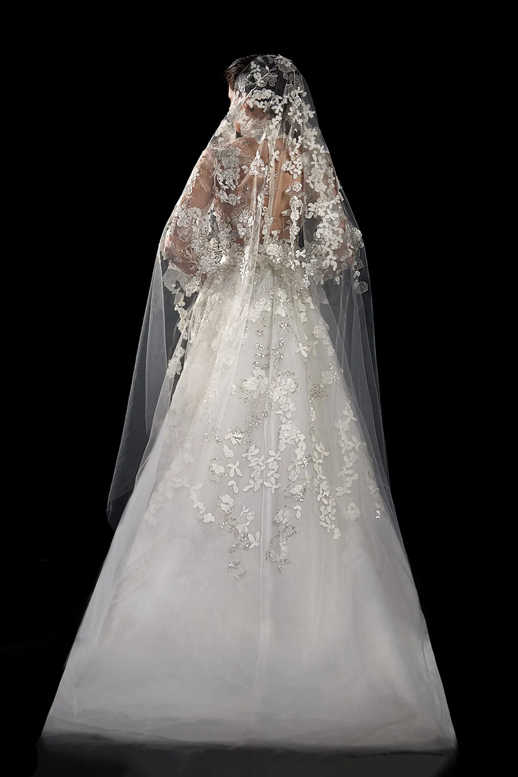 Long sleeves floral embroidered mermaid wedding dress