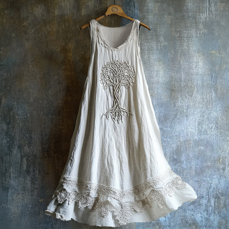 Viking Celtic Tree Of Life Lace Hem Layered Linen Dress