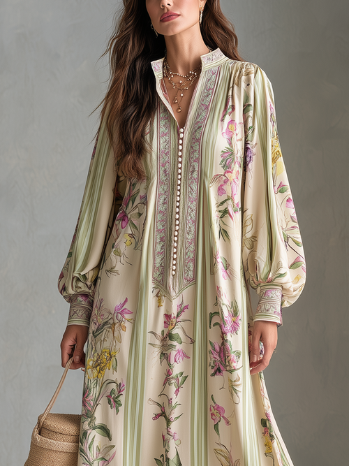 Baroque Khaki Botanical Print Maxi Dress
