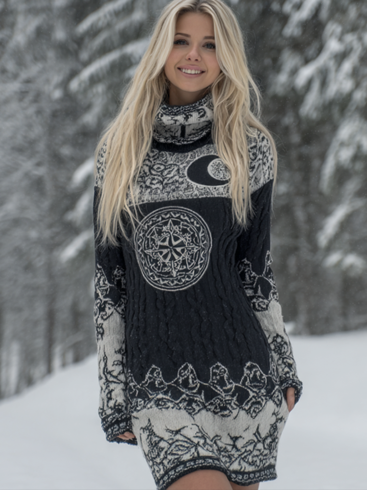 Vintage Viking Style Women's High Neck Knitted Sweater Dress
