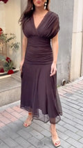 V Neck Chiffon Ruched Waist Midi Dress