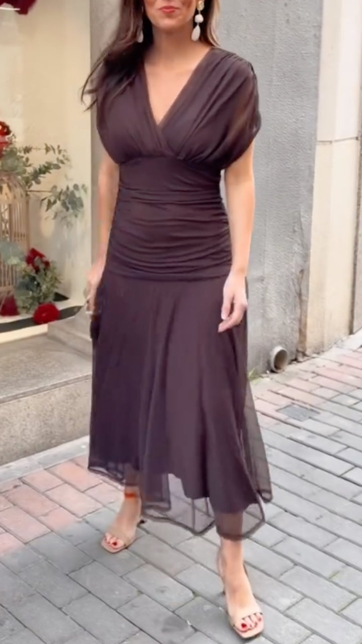 V Neck Chiffon Ruched Waist Midi Dress