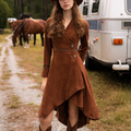 Women's Retro Western Suede Side Button Design Irregular Cut V-Neck Long Sleeve Dress