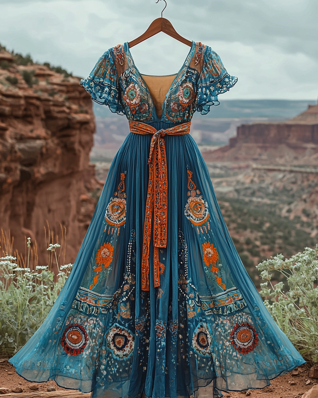 Summer vacation bohemian hand embroidered chiffon dress 1f72