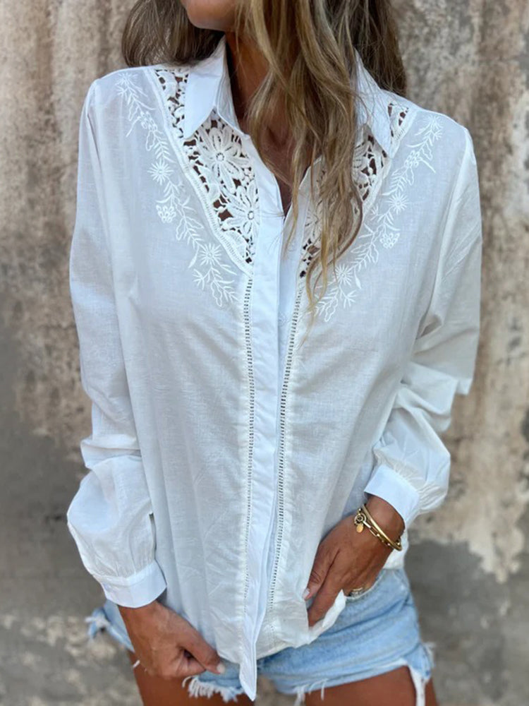 Vintage Floral Lace Art Linen Blend Long-sleeved Shirt
