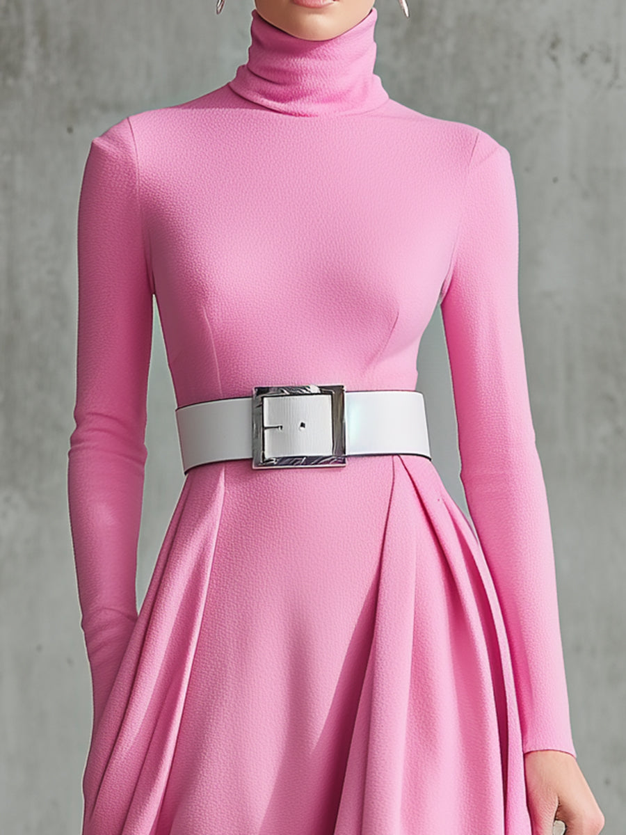 Elegant Pink High Collar And Large Skirt Maxi Dress