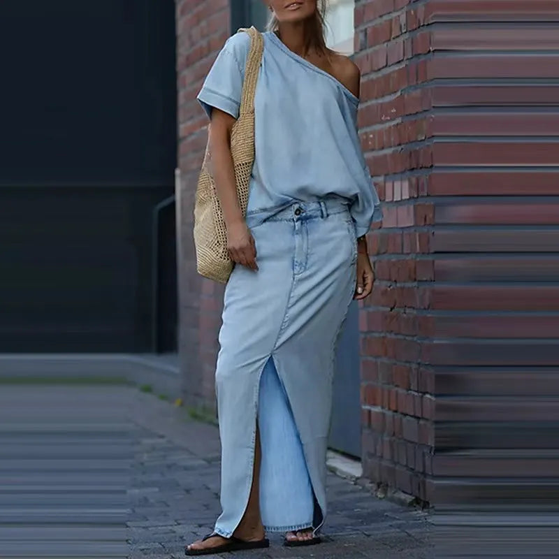 Off-Shoulder  Top & Front-Slit Maxi Skirt Set