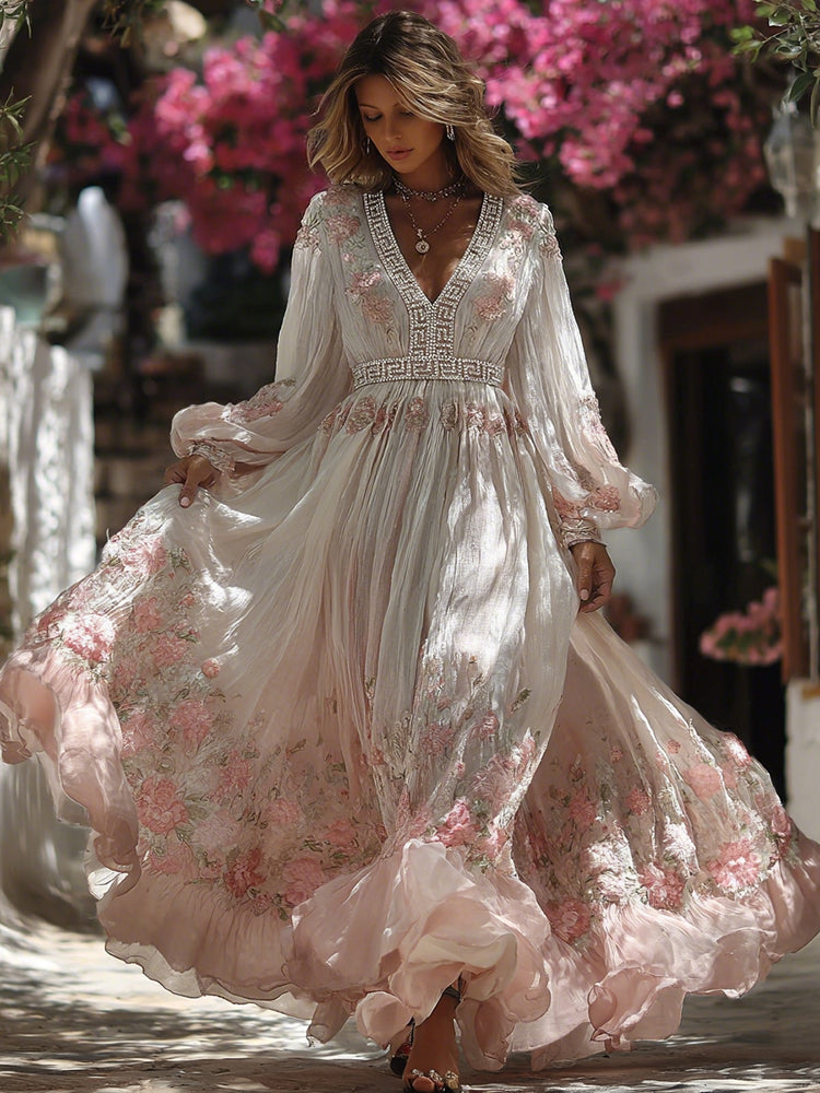 Women's Greece Vacation Greek Key With Floral Print Dress
