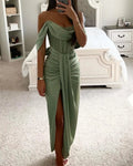 Women's Green Irregular Slit Dress - 01