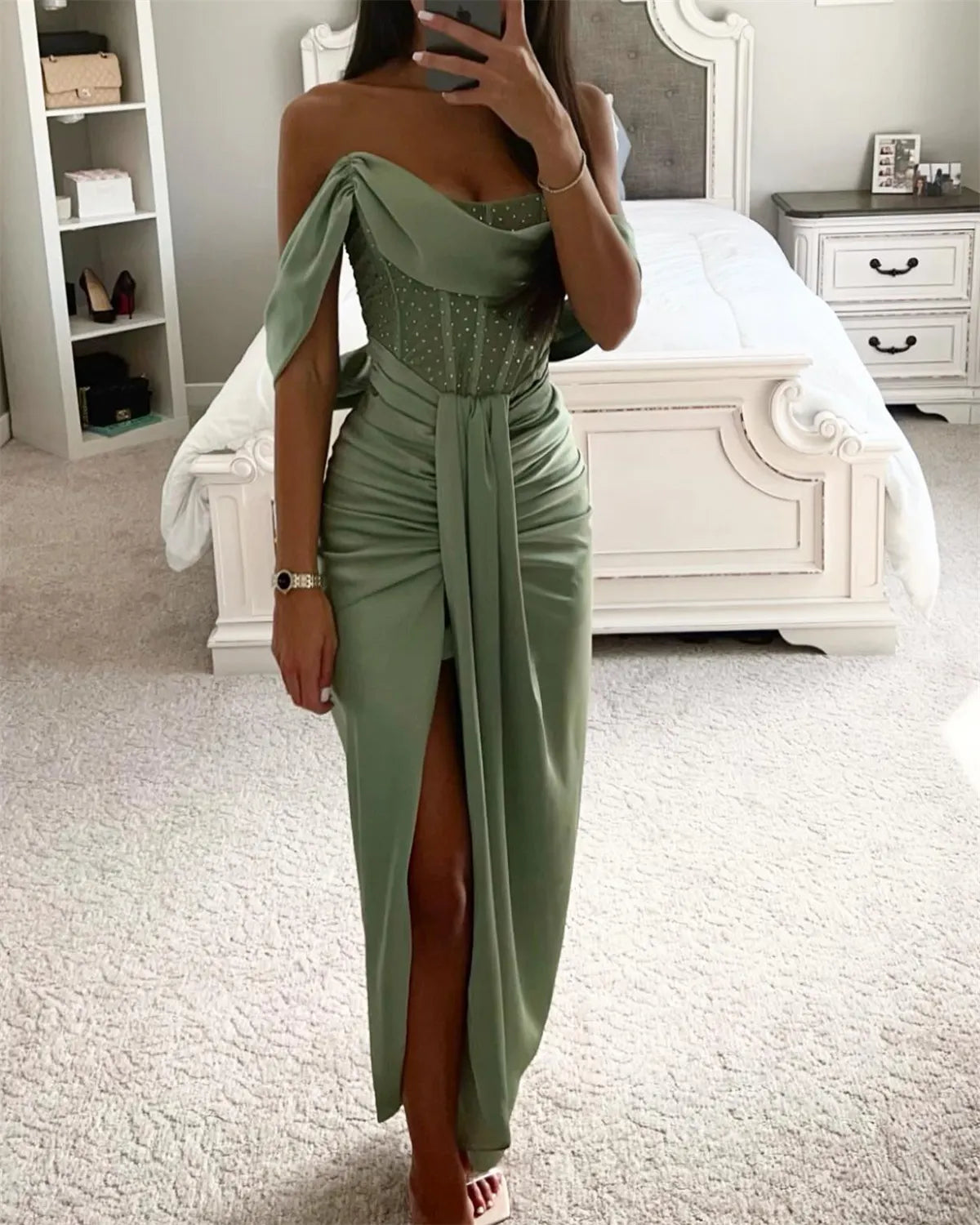 Women's Green Irregular Slit Dress - 01