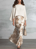 Quiet Luxury Knit-Cape Floral-Satin Ivory & Taupe Two-Piece Maxi Dress Set