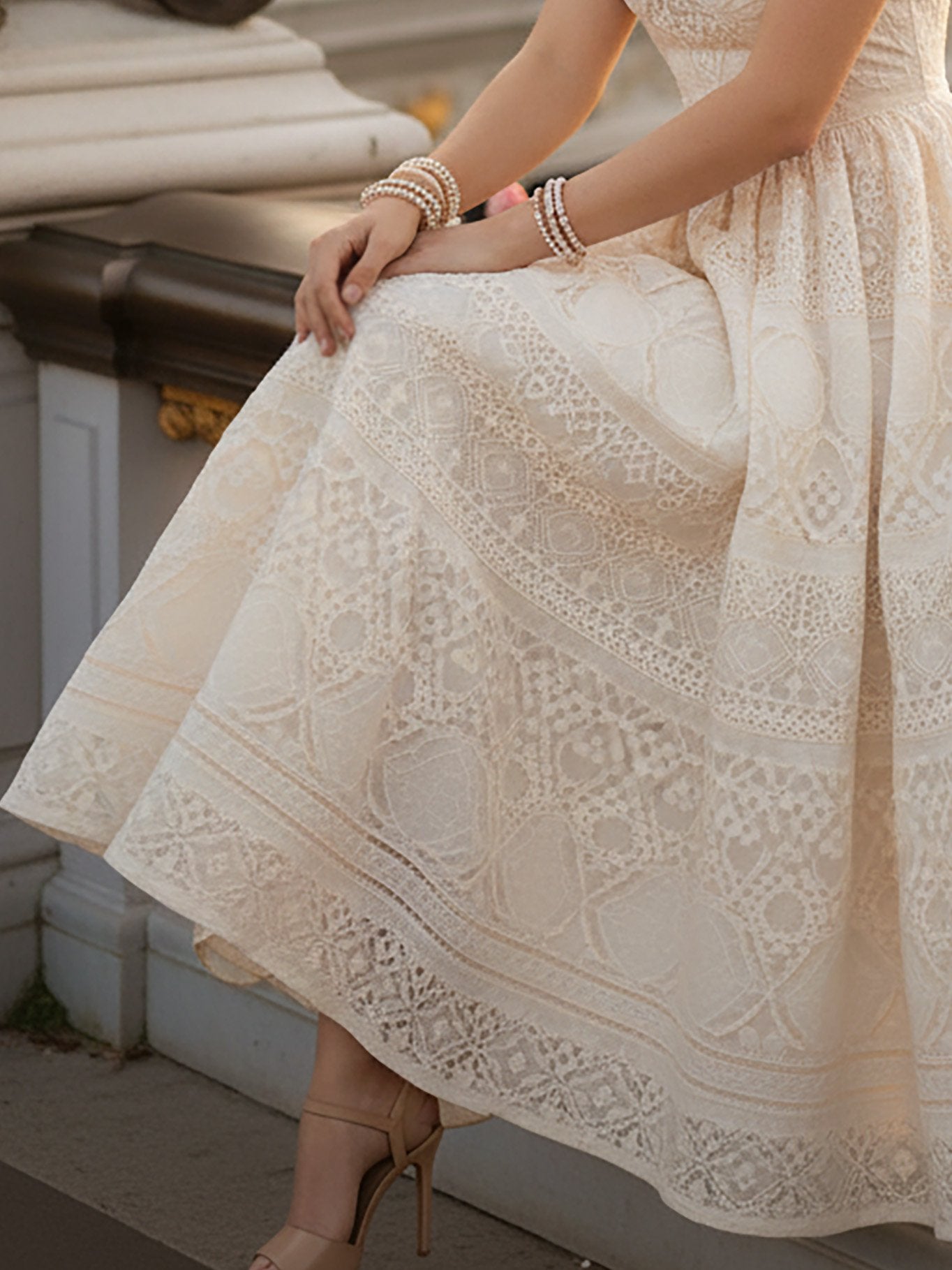 Elegant French Vintage Lace High-Waist Maxi Dress