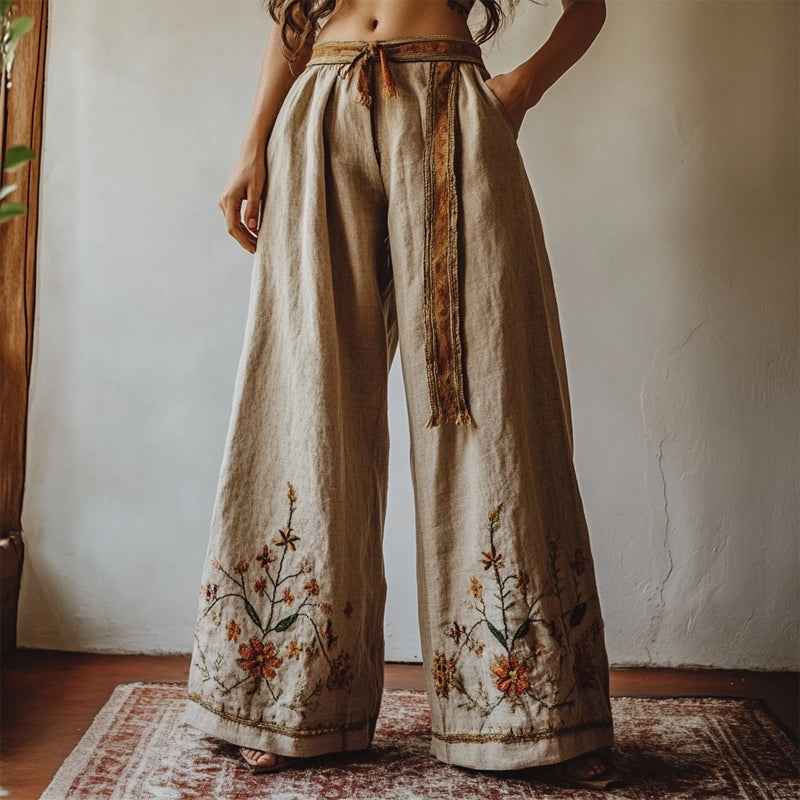Vintage Floral Embroidered Linen Blend Casual Pants