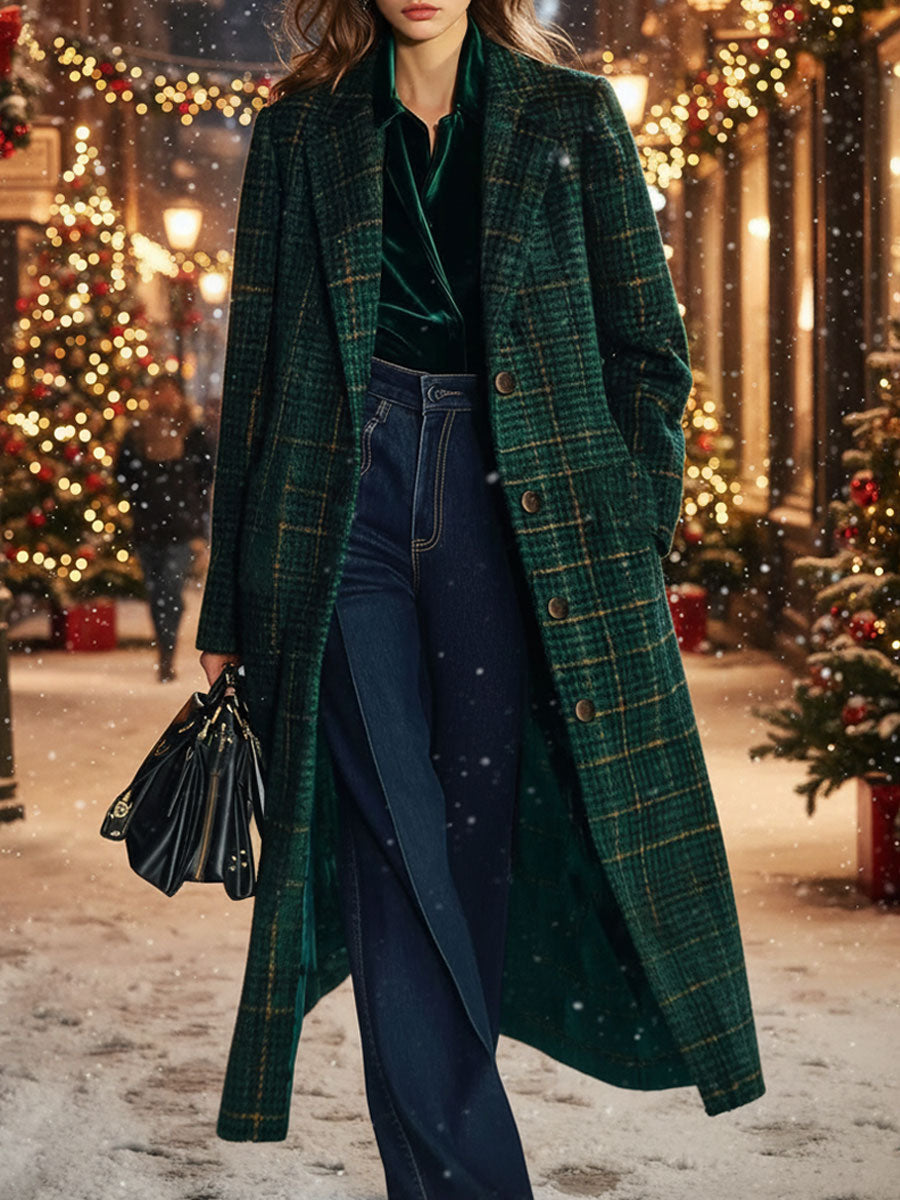 [24-hour shipping out]Casual Loose Retro Pocket Woolen Plaid Mid-Length Coat