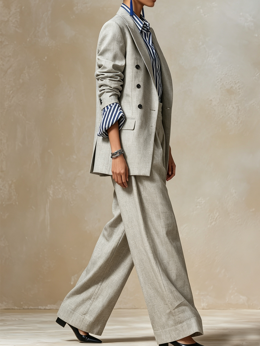 Bohemian Cotton Linen Grey Striped Shirt And Suit Set