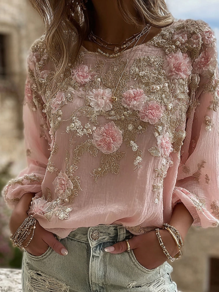 Women's Pink Flower Embroidery Art Print Round Neck Long Sleeve T-shirt